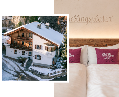 Eine gemütliche Almhütte mit schneebedeckten Dächern liegt in einer winterlichen Landschaft. Im Bild: zwei kuschelige Kissen auf einem Bett, bestickt mit „Alpen Resorts Ladis Deluxe“. Über dem Bett ist der Schriftzug „Lieblingsplatz’l“ zu sehen.