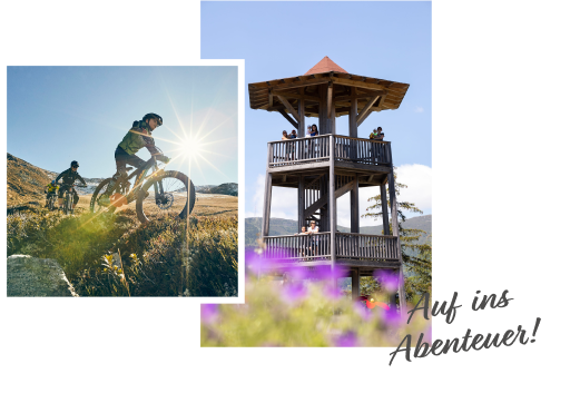 Im Vordergrund fahren zwei Radfahrer auf einem sonnigen Hügel, im Hintergrund steht ein hölzerner Aussichtsturm. Unten blühen bunte Blumen und der Text „Auf ins Abenteuer!“ ist zu sehen.