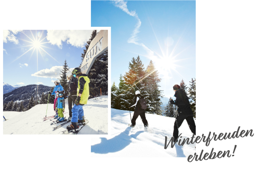 Eine Gruppe Skifahrer und Snowboarder steht auf einem schneebedeckten Hang unter strahlender Sonne und klarem blauen Himmel. Im Hintergrund sind hohe Kiefern zu sehen. Der Text im Bild lautet „Winterfreuden erleben!“ in der unteren rechten Ecke.
