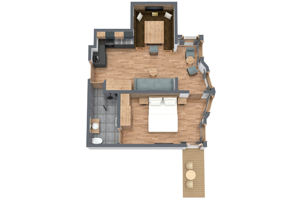 3D-Grundriss einer Einzimmerwohnung. Es verfügt über ein Schlafzimmer mit Doppelbett, ein Badezimmer, eine Küche und einen Wohnbereich mit Couch und Tisch. Es gibt eine kleine Außenterrasse mit zwei Stühlen und einem Tisch. Die Böden sind aus Holz, mit Ausnahme des gefliesten Badezimmers.