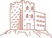 Abbildung einer Burg mit einem hohen, zinnenbewehrten Turm auf der linken Seite und einem angrenzenden rechteckigen Gebäude auf der rechten Seite. Die Struktur ist mit roten Linien auf weißem Hintergrund gezeichnet und steht auf einer felsigen Oberfläche.