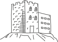 Strichzeichnung eines Schlosses, das an ein Alpenresort erinnert und zwei Hauptteile aufweist: einen höheren, rechteckigen Turm mit Zinnen und Bogenfenstern auf der linken Seite und ein niedrigeres Gebäude mit mehreren Fenstern auf der rechten Seite. Das Gebäude steht auf einem schroffen, felsigen Sockel.