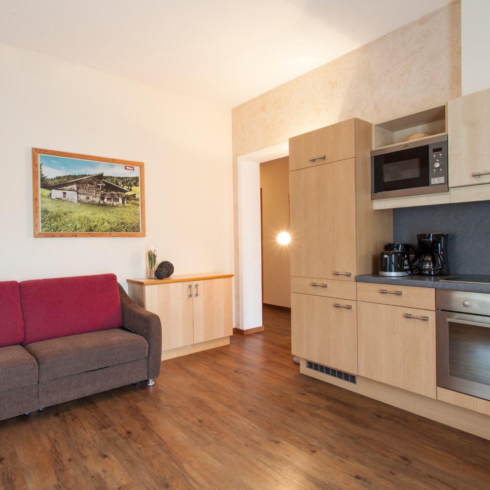 Moderne Apartmentküche und Wohnbereich mit hellen Holzschränken, Edelstahlgeräten und einer schwarzen Arbeitsplatte. Ein braun-rotes Sofa steht in der Ecke neben einem hölzernen Sideboard. Ein Landschaftsgemälde schmückt die Wand. Überall ist Holzfußboden verlegt.