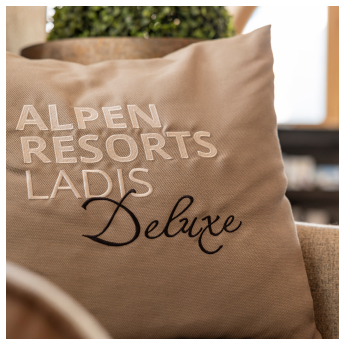Ein beiges Kissen mit der Aufstickung „ALPEN RESORTS LADIS Deluxe“ in Weiß und Schwarz liegt auf einem Stuhl und erinnert an den gemütlichen Charme des Chalet Ladis. Eine kleine Pflanze sorgt im Hintergrund für einen Hauch von Natur.
