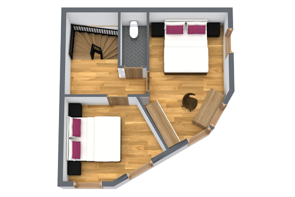 Erleben Sie ein Stück alpinen Charme mit diesem 3D-Grundriss eines Alpin Chalets in Ladis. Es ist ideal für große Gruppen und bietet zwei Schlafzimmer mit Betten und Nachttischen, ein gemütliches Badezimmer und einen runden Essbereich. Die Holzböden und hellen Wände spiegeln die Ruhe der Berge wider.