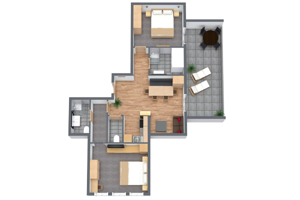 Dieser 3D-Grundriss des Apartments Abendsonne im Alpenapart in Ladis umfasst zwei Schlafzimmer, ein Badezimmer, eine Küche und einen gemütlichen Wohnbereich. Ein kleiner Esstisch schmückt den Balkon. Der Raum ist elegant mit Betten, Sofas und Tischen eingerichtet und verfügt durchgehend über Holz und graue Böden.