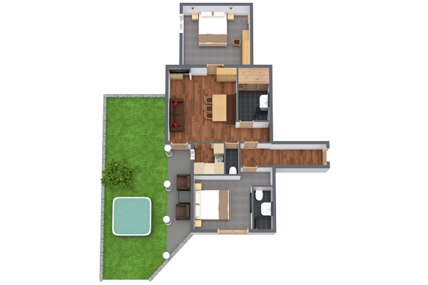 Dieses Alpenapart-Apartment bietet einen 3D-Grundriss mit zwei gemütlichen Schlafzimmern, einem geräumigen Wohnzimmer und einer modernen Küche. Es ist ideal für 4-6 Personen und verfügt über zwei Badezimmer und einen einladenden grünen Gartenbereich mit kleinem Pool und Terrassenbereich.