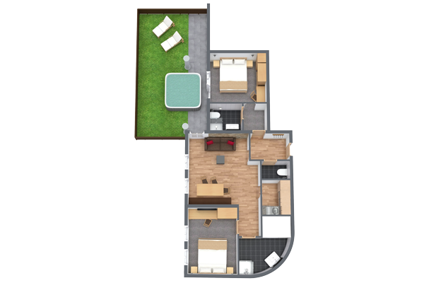Entdecken Sie den Grundriss dieses charmanten Apartments im Alpenapart in Ladis, das für 4-6 Personen ausgelegt ist. Es verfügt über zwei Schlafzimmer und Badezimmer, ein gemütliches Wohnzimmer mit roten Sofas und eine Küche. Genießen Sie den Balkon mit grünem Gras, Sitzgelegenheiten und einem entspannenden Whirlpool.