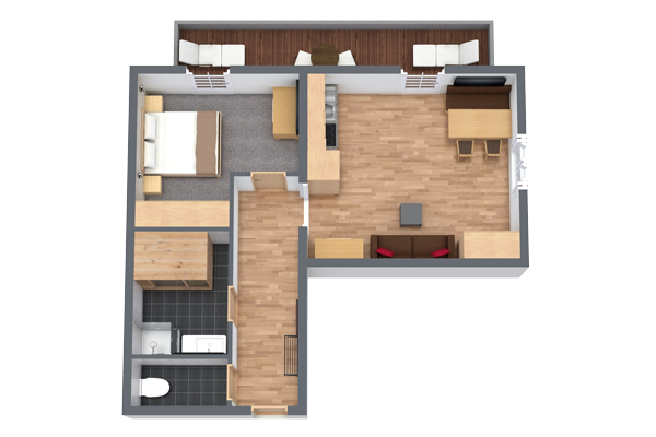 Dieser 3D-Wohnungsgrundriss zeigt ein gemütliches Schlafzimmer mit Bett und Kleiderschrank, ein elegantes Badezimmer mit Toilette und Waschbecken sowie ein einladendes Wohnzimmer mit Sofa und Fernseher. Der Raum verfügt außerdem über einen stilvollen Küchenbereich, einen Esstisch mit Stühlen und einen charmanten Holzbalkon zum Entspannen im Freien.
