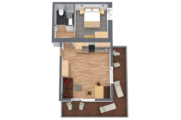 3D-Grundriss des Apartments für 2-4 Personen im Alpenapart in Ladis mit Badezimmer, gemütlichem Schlafzimmer und offenem Wohnbereich. Der Wohnbereich verfügt über Sitzgelegenheiten und ist mit einer großen Außenterrasse mit Liegestühlen verbunden, während die Küche praktischerweise direkt nebenan liegt.