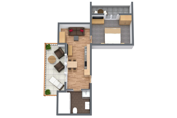 Der 3D-Grundriss zeigt das „Apartment Morgensonne für 2-4 Personen“ in Ladis mit Schlafzimmer, gemütlichem Wohnbereich mit Sofas, Küche, Badezimmer und Balkon mit Sitzgelegenheiten im Freien. Das moderne L-förmige Design ist perfekt für bis zu vier Gäste, die Komfort und Stil suchen.
