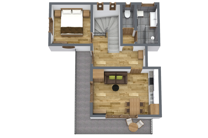 Erleben Sie alpinen Charme in diesem 3D-Grundriss einer gemütlichen Lodge in Serfaus-Fiss-Ladis, ideal für 2-4 Personen. Das Apartment verfügt über ein Schlafzimmer mit Bett, ein Badezimmer und einen Wohnbereich mit Sofa und Tisch. Die Küche verfügt über einen Esstisch, während zentrale Holzoberflächen das warme Ambiente verstärken.