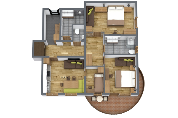 Dieser 3D-Grundriss zeigt eine charmante Lodge für 6-8 Personen mit Terrasse, mit zwei Schlafzimmern, einem gemütlichen Wohnzimmer mit grünen Sofas, einer Küche und zwei Badezimmern. Das Design umfasst elegante Holzböden und einen runden Terrassenbereich für den Genuss im Freien.