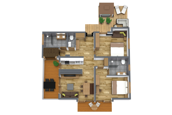 Dieser 3D-Grundriss einer modernen Lodge für 4-6 Personen in Ladis zeigt zwei Schlafzimmer, zwei Badezimmer, ein Wohnzimmer, eine Küche, einen Essbereich und Außenterrassenbereiche mit Sitzgelegenheiten. Die Innenräume verfügen über Holzböden und moderne Möbel für einen stilvollen Rückzugsort.