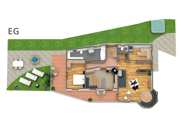 Dieser 3D-Grundriss des Chalet Laudegg in Ladis zeigt ein mit „EG“ gekennzeichnetes Haus mit einem gemütlichen Wohnzimmer, einer Küche, einem Badezimmer und zwei Schlafzimmern. Im Außenbereich erwartet Sie eine Terrasse mit Stühlen, einem Tisch und einem kleinen Pool, umgeben von malerischen Wegen und üppigen Grünflächen.