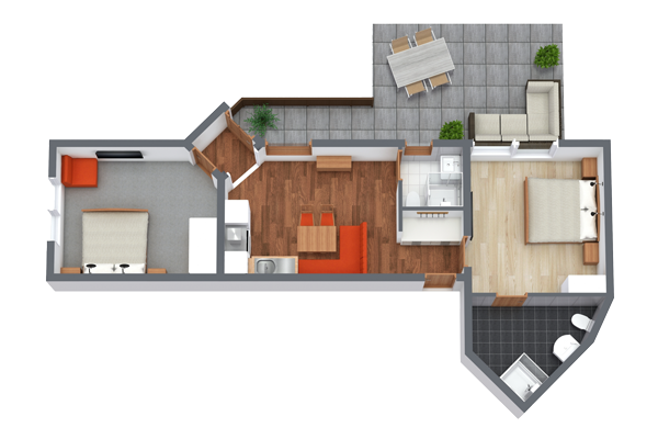 Entdecken Sie den einladenden Grundriss dieses charmanten Apartments für 2–3 Personen in Serfaus-Fiss-Ladis: ein gemütliches Schlafzimmer mit Bett und Nachttischen, ein Wohnbereich mit Sofa und Tisch, eine Küche mit Essbereich, ein Badezimmer mit Badewanne und Waschbecken sowie eine kleine Außenterrasse mit Sitzgelegenheiten und Pflanzen.