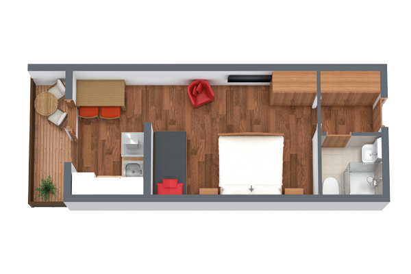 Dieser 3D-Grundriss einer Wohnung für 2-3 Personen in Serfaus-Fiss-Ladis zeigt ein gemütliches Schlafzimmer, ein kompaktes Badezimmer und einen Wohnbereich mit einem leuchtend roten Stuhl. Die Küche verfügt über einen Esstisch, während der kleine Außenbalkon Sitzgelegenheiten bietet. Holzböden und Lagerschränke runden das Design ab.