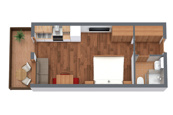 Erleben Sie einen 3D-Grundriss eines kompakten Apartments für 2-3 Personen in Serfaus-Fiss-Ladis, bestehend aus einem gemütlichen Schlafzimmer mit Doppelbett, einem funktionalen Badezimmer, einer ausgestatteten Küche und einem einladenden Wohnbereich. Genießen Sie die hölzerne Außenterrasse mit Sitzgelegenheiten und einem Hauch von Natur.