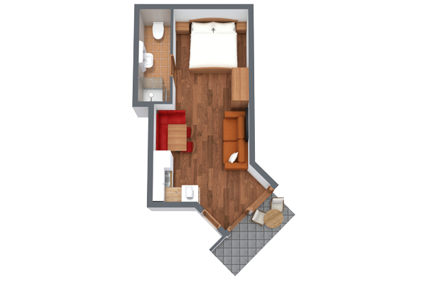 Dieses charmante Apartment für 2-3 Personen in Serfaus-Fiss-Ladis verfügt über ein Schlafzimmer mit Doppelbett, einen gemütlichen Wohnbereich mit orangefarbenem Sofa und rotem Sessel, eine Eckküche, ein Badezimmer und einen kleinen Balkon mit Sitzgelegenheiten. Warme Holz- und Fliesenböden runden das einladende Ambiente ab.