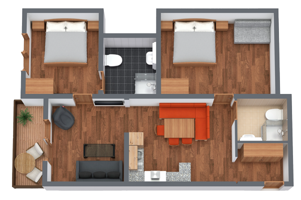 Ein 3D-Grundriss einer Wohnung mit zwei Schlafzimmern, jedes mit einem Bett und Nachttischen. Es umfasst einen Wohnbereich mit Sofa und Fernseher, ein orangefarbenes Esszimmerset, eine Küche, zwei Badezimmer und einen kleinen Balkon mit Sitzgelegenheiten im Freien.