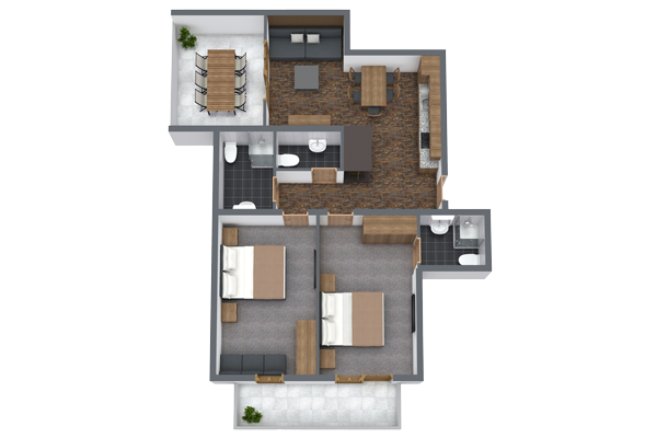 Eine Draufsicht auf einen Wohnungsgrundriss in Ladis, Tirol, ausgelegt für 4-6 Personen. Er zeigt zwei Schlafzimmer mit Betten und Nachttischen, eine Küche, einen Essbereich, zwei Badezimmer und ein Wohnzimmer. Modernes Dekor ergänzt die Zimmer, mit einem Esstisch auf dem Balkon.