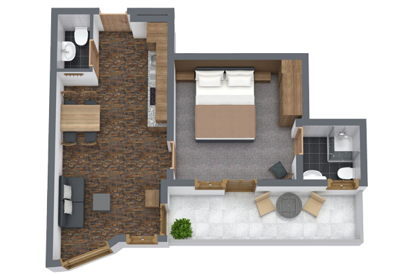 Entdecken Sie den 3D-Grundriss unseres „Apartment 2 für 2-4 Personen in Ladis“, bestehend aus einem gemütlichen Schlafzimmer mit Doppelbett, einem Wohnbereich mit Sofa und Tisch, einer Küche mit Essbereich, einem Badezimmer mit Dusche und einem einladenden Balkon. Genießen Sie die abwechslungsreichen Texturen und Farben im gesamten Apartment.