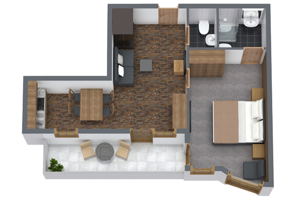 Entdecken Sie einen 3D-Grundriss des Apartments 3 für 2-3 Personen in Ladis. Es verfügt über ein gemütliches Wohnzimmer mit Sofa, Esstisch und Stühlen, eine offene Küche, ein Schlafzimmer mit Bett und Nachttischen sowie ein Badezimmer. Genießen Sie den kleinen Balkon mit Sitzgelegenheiten und üppigen Pflanzen zum Entspannen.