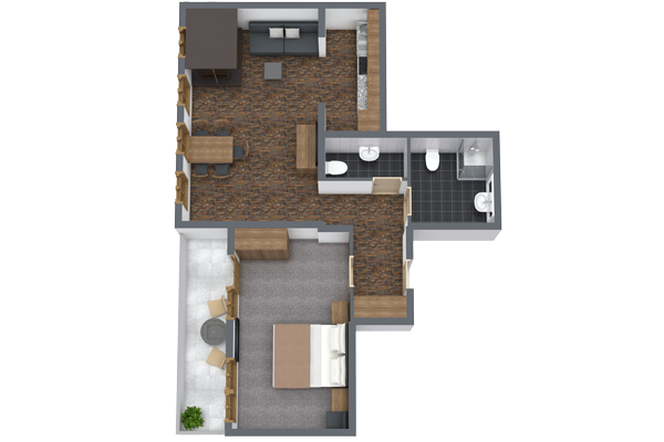 Erleben Sie den Charme dieses 3D-Grundrisses für Apartment 4, ideal für 2-5 Personen in Ladis. Es verfügt über ein gemütliches Wohnzimmer, einen Essbereich und eine Küche mit Holzböden. Das Schlafzimmer verfügt über ein Doppelbett über einem grauen Teppich, während der schwarze Fliesenboden des Badezimmers für eine elegante Note sorgt. Genießen Sie den kleinen Balkon, der mit einer Pflanze geschmückt ist.