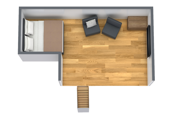 Dieser 3D-Grundriss eines Alpenaparts in Ladis verfügt über Holzboden, eine Treppe im Erdgeschoss, ein Eckbett, zwei dunkle Stühle mit Kissen und einen kleinen Tisch. Die hellgrauen Wände und der übersichtliche Grundriss bieten reichlich offenen Raum für ein Apartment für 2-4 Personen.