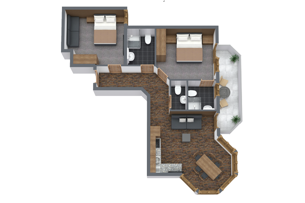 Grundriss des Apartments 5 für 4-5 Personen in Ladis mit zwei Schlafzimmern und gemütlichem Wohnbereich. Beinhaltet eine Küche, einen Essbereich, zwei Badezimmer und einen Balkon. Das Design besticht durch Holzböden und -schränke sowie charmante schwarz-weiß geflieste Badezimmer.