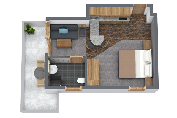 3D-Grundriss einer Wohnung für 2-3 Personen in Ladis. Sie umfasst eine Küche mit Essbereich, ein Wohnzimmer mit Sofa, ein Schlafzimmer mit Bett und ein Badezimmer. Genießen Sie die kleine Terrasse am Eingang mit Sitzgelegenheiten im Freien und einer Topfpflanze.