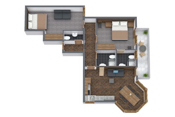 Ein großzügiger 3D-Grundriss eines großen Apartments für 6–8 Personen in Serfaus-Fiss-Ladis bietet zwei Schlafzimmer mit Doppelbetten, zwei Badezimmer, einen gemütlichen Wohnbereich mit Sofa, einen Essbereich mit Tisch, eine Küche und eine Außenterrasse mit Sitzgelegenheiten.