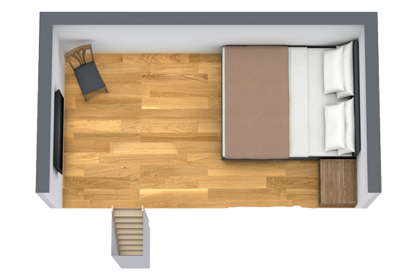 Draufsicht auf einen rechteckigen Raum in einem großen Apartment für 6–8 Personen in Serfaus-Fiss-Ladis mit Holzboden, einem Bett mit brauner Bettwäsche und weißen Kissen an der rechten Wand, einem Holzstuhl in der oberen linken Ecke, einem kleinen Nachttisch und einer Treppe, die unten links nach oben führt.