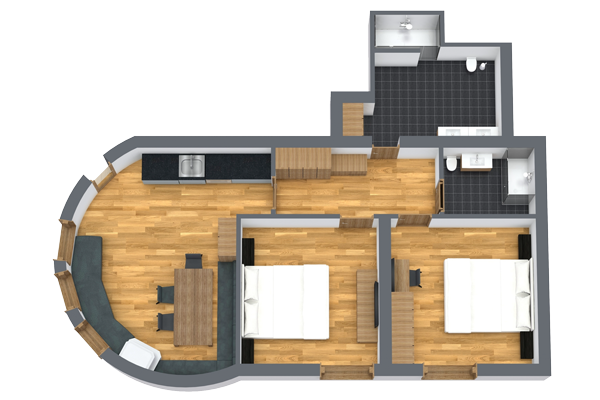 Erleben Sie das Neue Apartment Gartenlodge in Ladis mit einem 3D-Grundriss mit zwei gemütlichen Schlafzimmern, einem Wohnbereich mit Essbereich, einer modernen Küche mit Arbeitsfläche und einem stilvollen Badezimmer. Genießen Sie den Holzboden, der dem einladenden Raum Wärme verleiht.