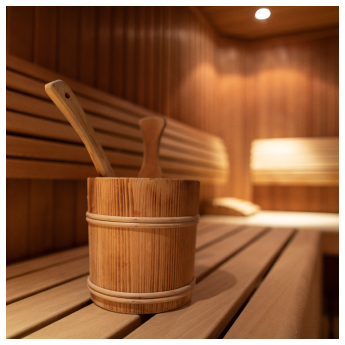 Ein hölzerner Saunainnenraum mit einem hölzernen Eimer und einer Schöpfkelle auf einer Bank im Mittelpunkt. Der Raum ist sanft beleuchtet und bringt die glatten Holzvertäfelungen an den Wänden und Bänken zur Geltung.
