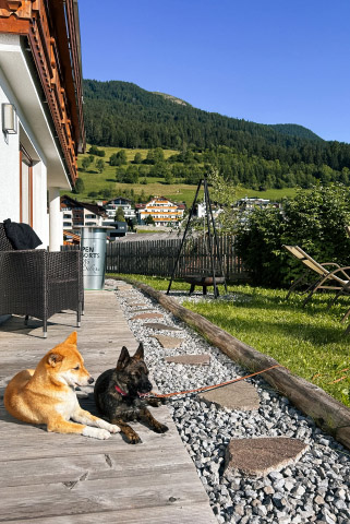 Zwei Hunde ruhen sich auf einer Holzterrasse neben einem Schotterweg in einem ruhigen Hinterhof aus, perfekt für einen Urlaub mit Hund in Serfaus-Fiss-Ladis. In der Nähe blicken Gartenstühle auf einen gepflegten Rasen mit entfernten Häusern und einem üppig grünen Berg unter dem klaren blauen Himmel.