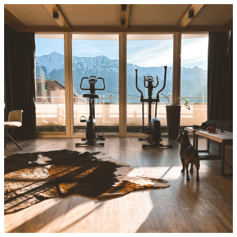 Ein Heim-Fitnessstudio mit zwei Heimtrainern, die so positioniert sind, dass man durch die großen Fenster den Blick auf die Berge genießen kann. Sonnenlicht tanzt über den Holzboden, auf dem ein kleiner Hund neben einem Teppich steht, und ruft die Ruhe eines „Urlaubs mit Hund in Serfaus-Fiss-Ladis“ hervor.