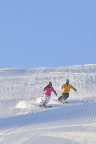 Zwei Skifahrer, einer in einer rosa Jacke und der andere in einer gelben, gleiten unter einem klaren blauen Himmel in Serfaus Fiss Ladis einen präparierten Hang hinunter. Schnee spritzt auf, als sie Seite an Seite die Piste hinunterfahren, und bieten ein perfektes Winterurlaubserlebnis.