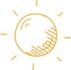 Illustration eines minimalistischen Sonnensymbols, das die Essenz eines „Urlaubs in Ladis“ einfängt. Die Sonne wird als gelber Kreis mit diagonalen Schattierungslinien auf einer Seite dargestellt, umgeben von einfachen nach außen gerichteten Strahlen auf transparentem Hintergrund.