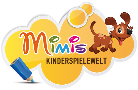 Logo für „Mimis Kinderspielwelt im Alpenapart in Ladis“ mit einem verspielten Cartoon-Hund und buntem Text. Unten links ist ein blauer Stift zu sehen, im Hintergrund sind gelbe Wolkenformen zu sehen.