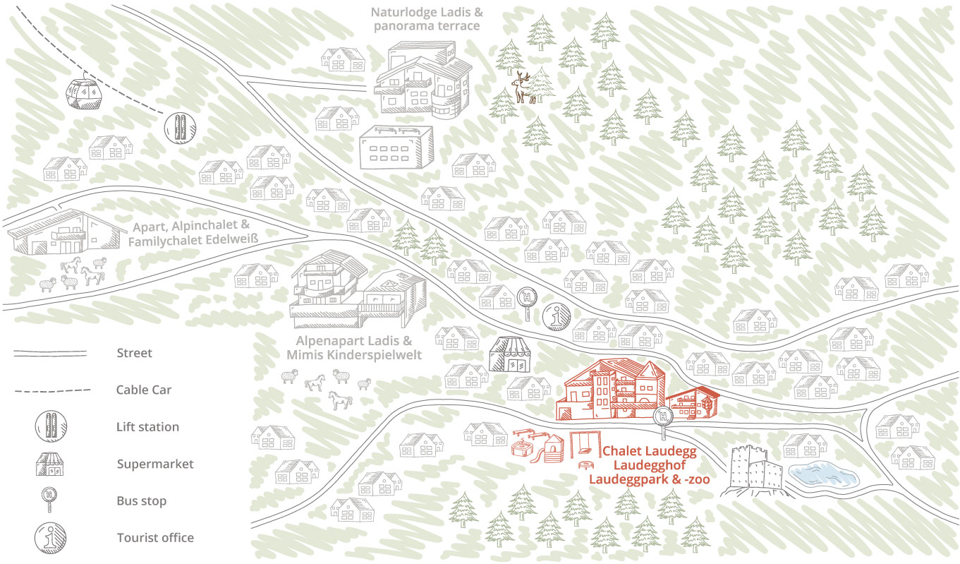 Illustrated map showing a chalet, zoo, and surrounding area. The chalet and zoo are highlighted in red. Features include streets, cable cars, bus stops, lift stations, tourist office, and various lodges, all set in a forested landscape.