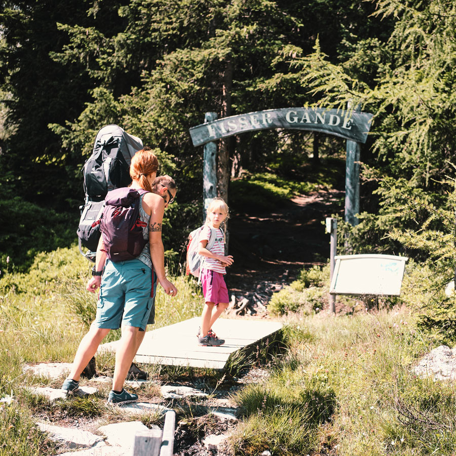 Eine vierköpfige Familie wandert an einem sonnigen Tag. Sie gehen einen Holzweg entlang, der von grünem Gras und Bäumen umgeben ist. Ein großer Rucksack ist zu sehen. Auf einem Schild im Hintergrund steht „JISSUE GANDE“.